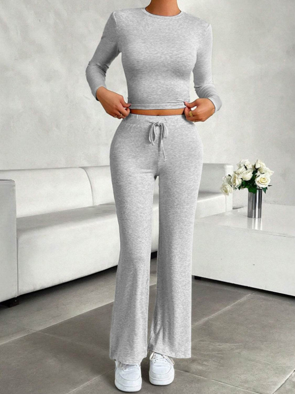 Round Neck Long Sleeve Top and Drawstring Pants Set - Delanoir
