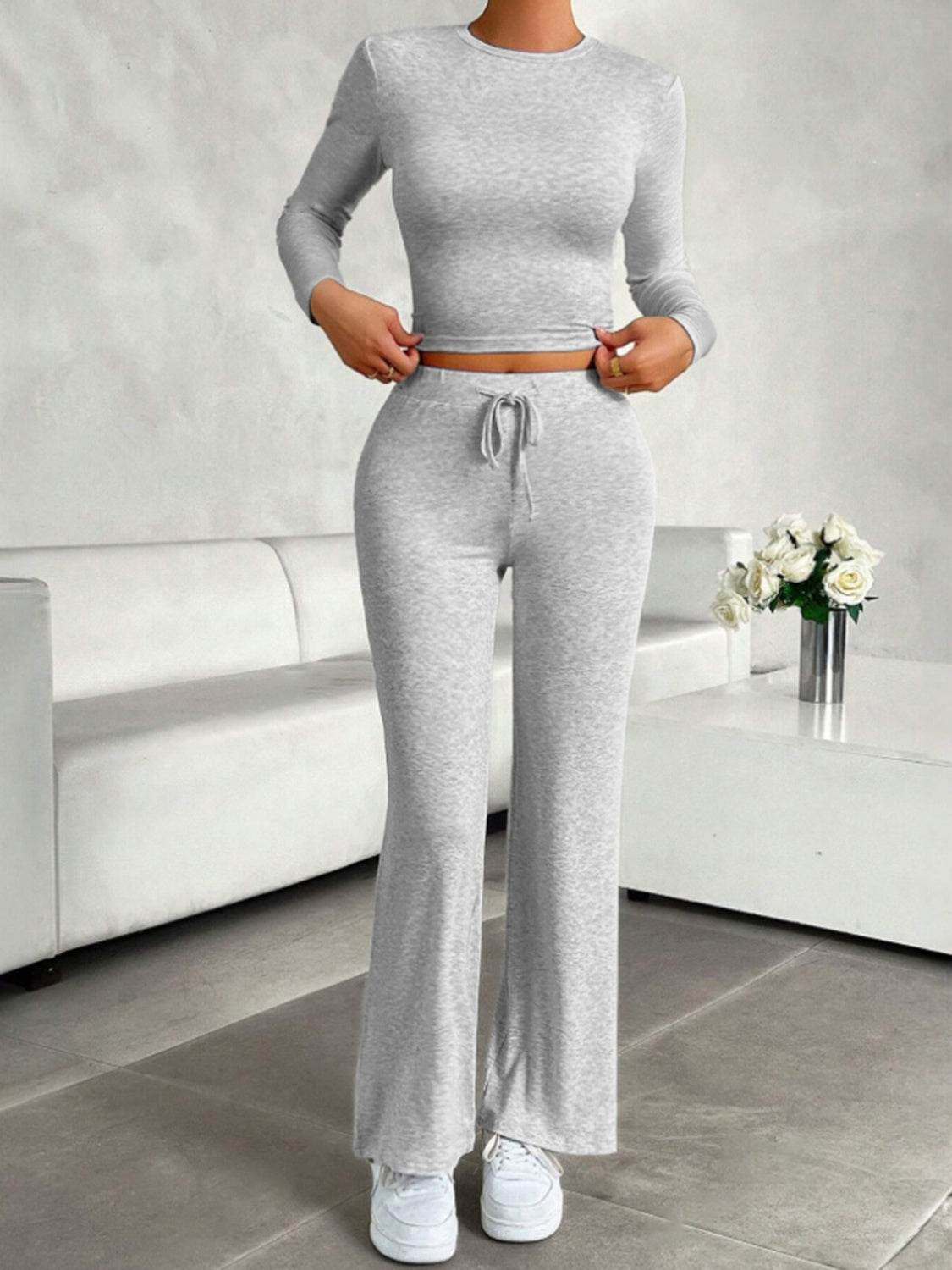 Round Neck Long Sleeve Top and Drawstring Pants Set - Delanoir