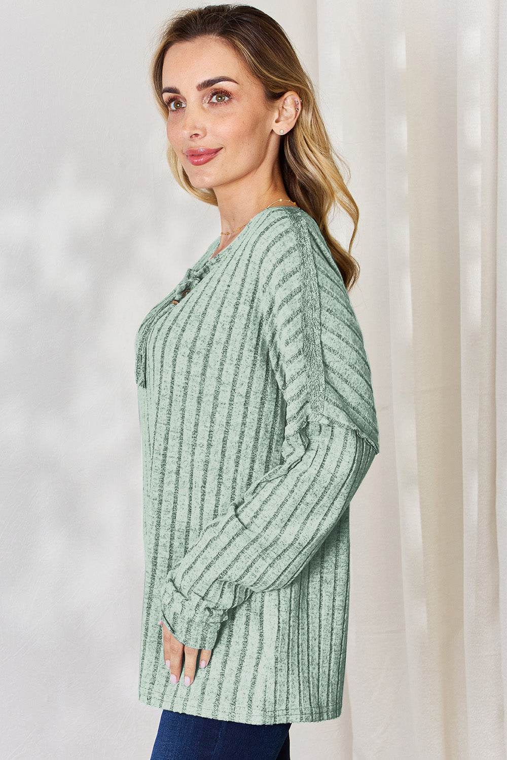 Basic Bae Full Size Ribbed Half Button Long Sleeve T-Shirt - Delanoir