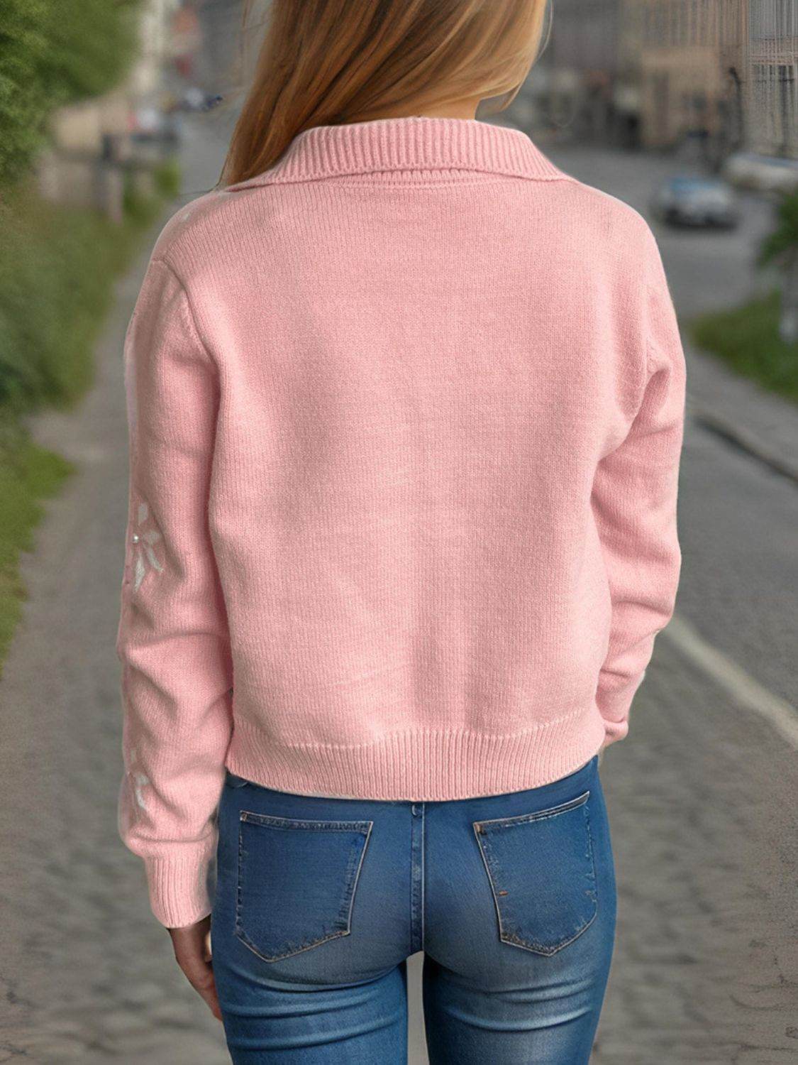 Pearl Trim Collared Neck Long Sleeve Cardigan - Delanoir