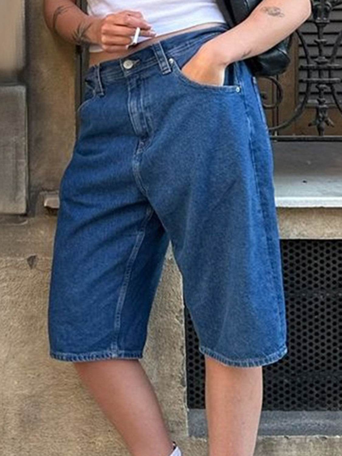 High Waist Denim Shorts with Pockets - Delanoir