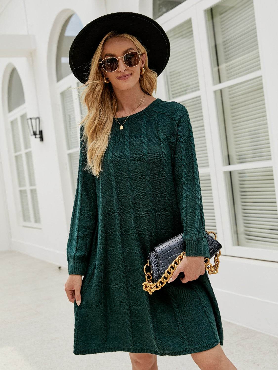 Cable-Knit Long Sleeve Sweater Dress - Delanoir