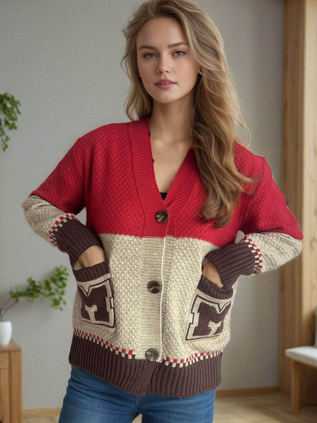 Pocketed Contrast V-Neck Button Up Cardigan - Delanoir