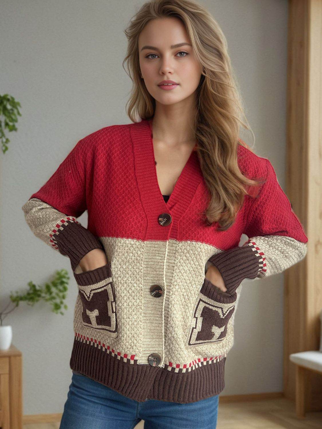 Pocketed Contrast V-Neck Button Up Cardigan - Delanoir
