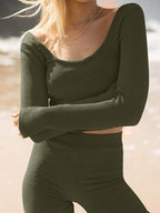 Scoop Neck Long Sleeve Top and Shorts Set - Delanoir