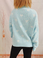 Heart Heathered Turtleneck Drop Shoulder Sweater - Delanoir
