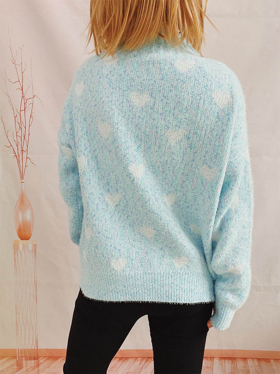 Heart Heathered Turtleneck Drop Shoulder Sweater - Delanoir