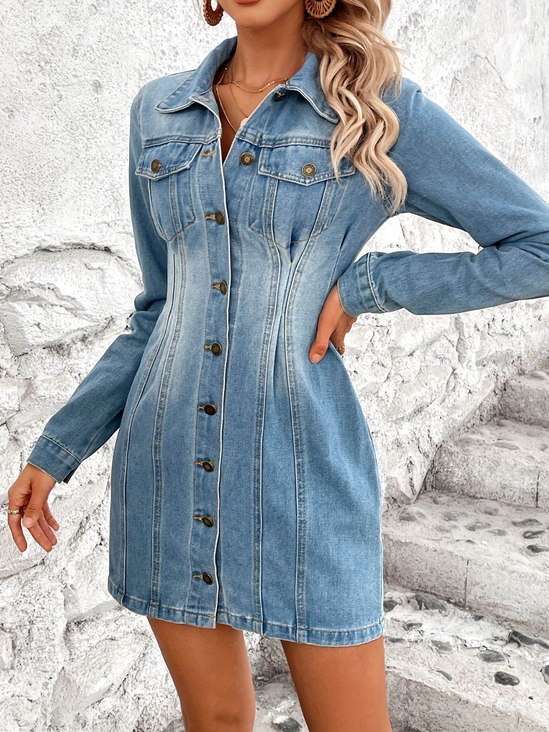 Pocketed Button Up Long Sleeve Denim Dress - Delanoir