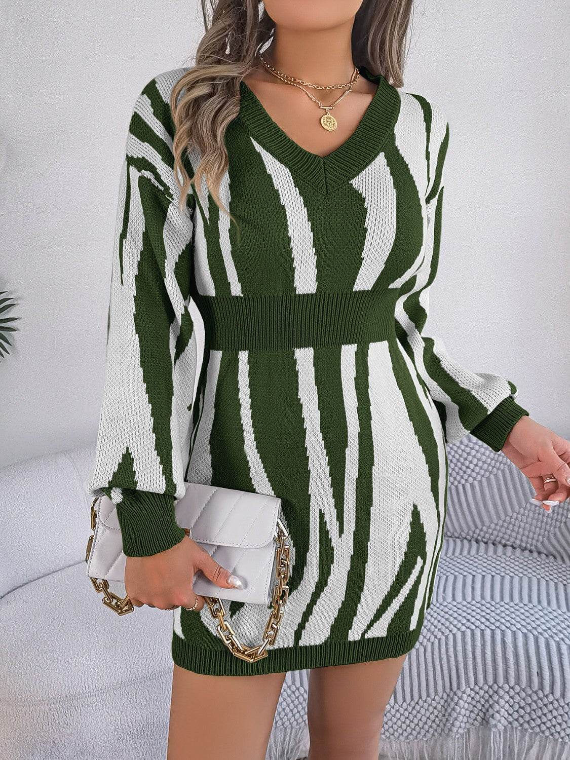 Animal Print V-Neck Long Sleeve Sweater Dress - Delanoir