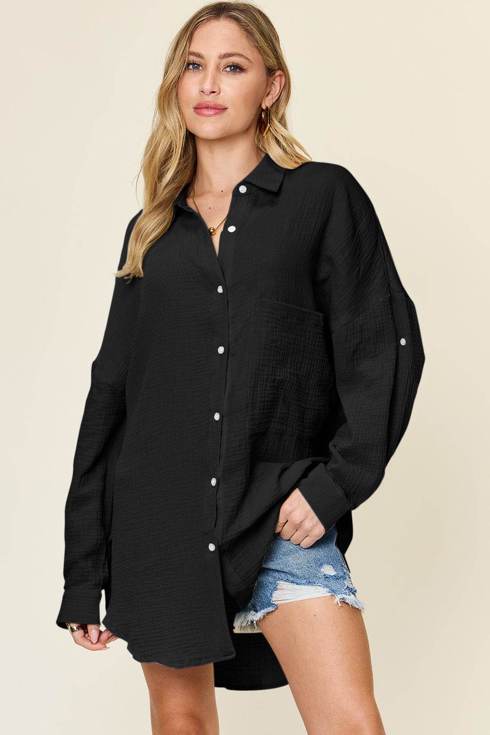 Double Take Full Size Pocketed Texture Button Up Shirt - Delanoir