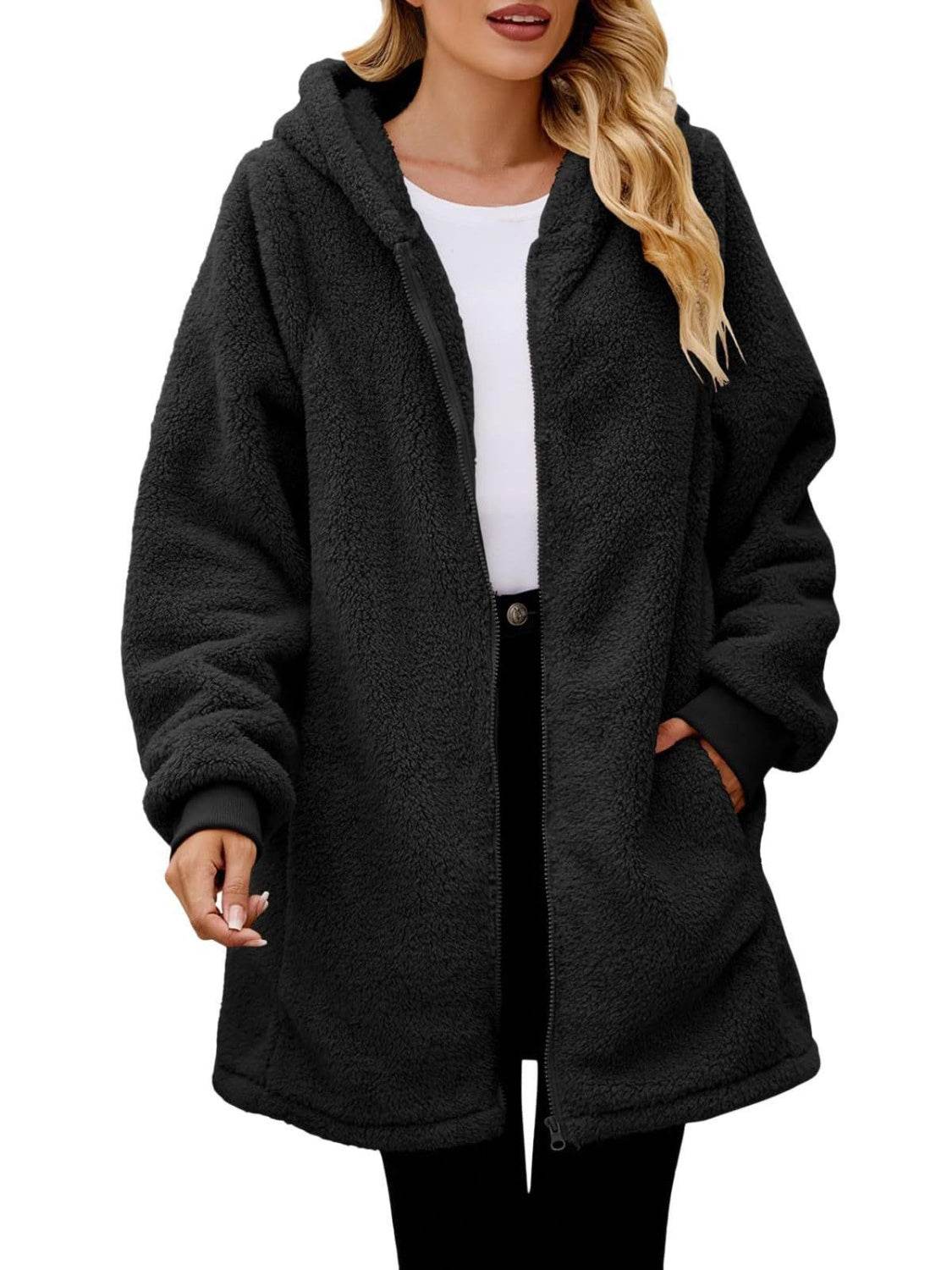 Fuzzy Pocketed Zip Up Long Sleeve Hooded Jacket - Delanoir