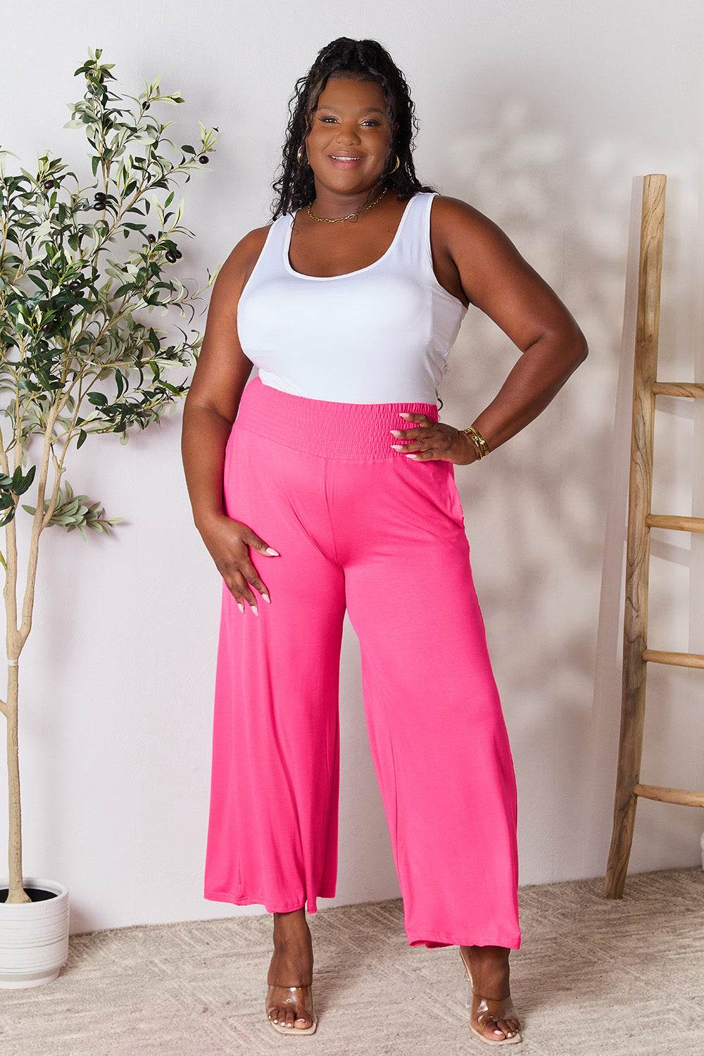 Double Take Full Size Smocked Wide Waistband Wide Leg Pants - Delanoir