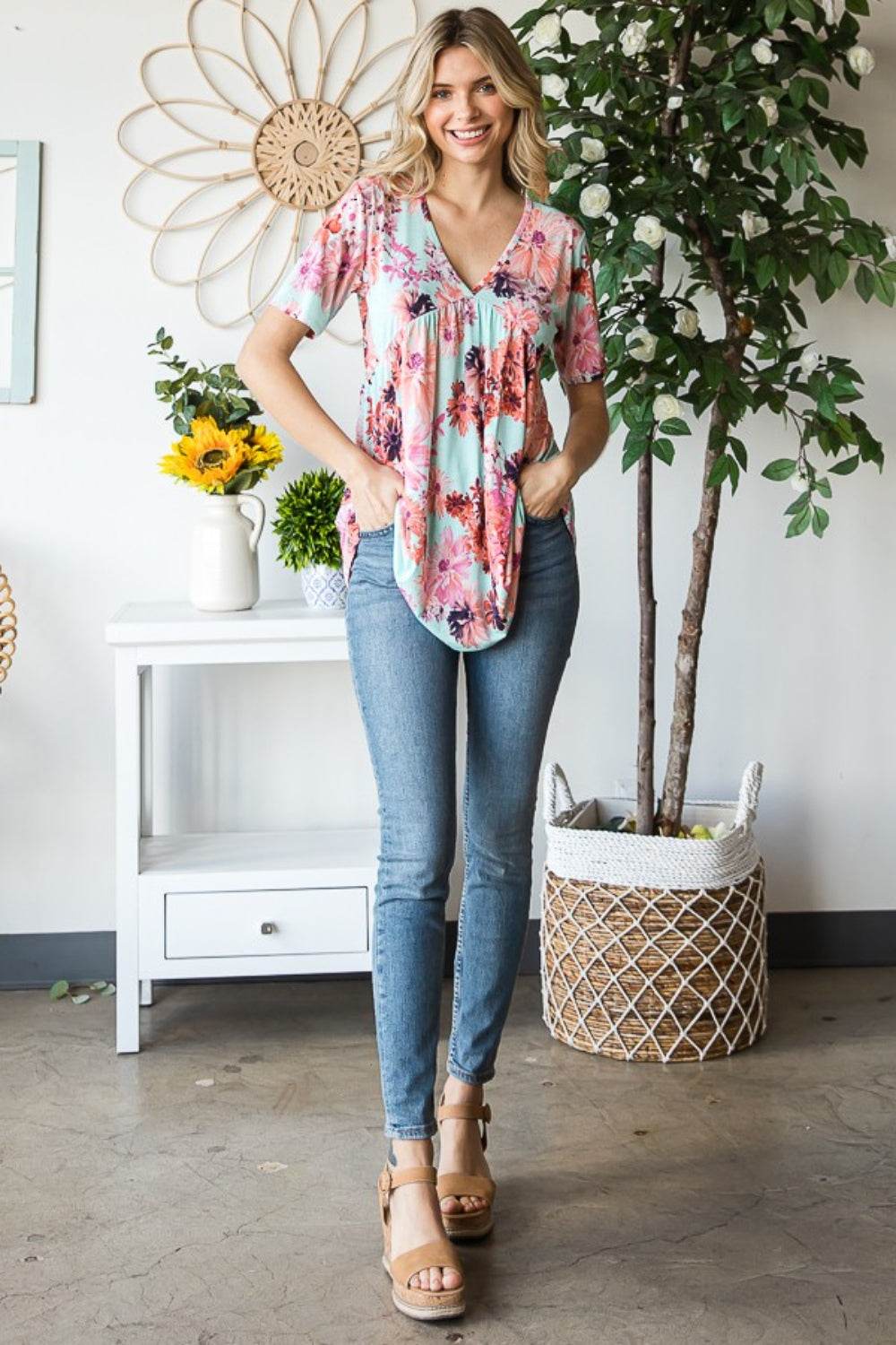 Heimish Full Size Floral V-Neck Short Sleeve Babydoll Blouse - Delanoir