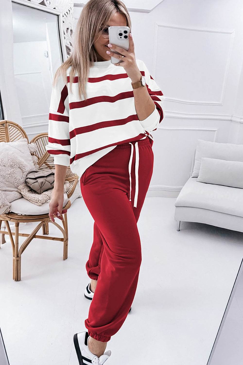 Striped Round Neck Long Sleeve Top and Pants Set - Delanoir