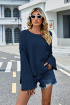 High-Low Slit Round Neck Long Sleeve Sweater - Delanoir