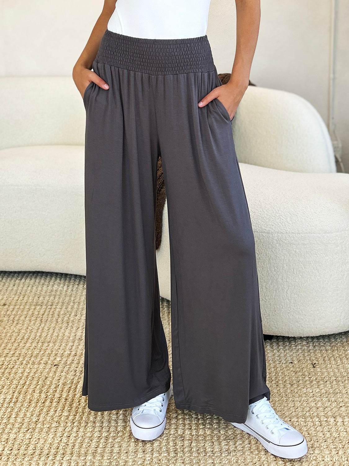 Double Take Full Size Smocked Wide Waistband Wide Leg Pants - Delanoir