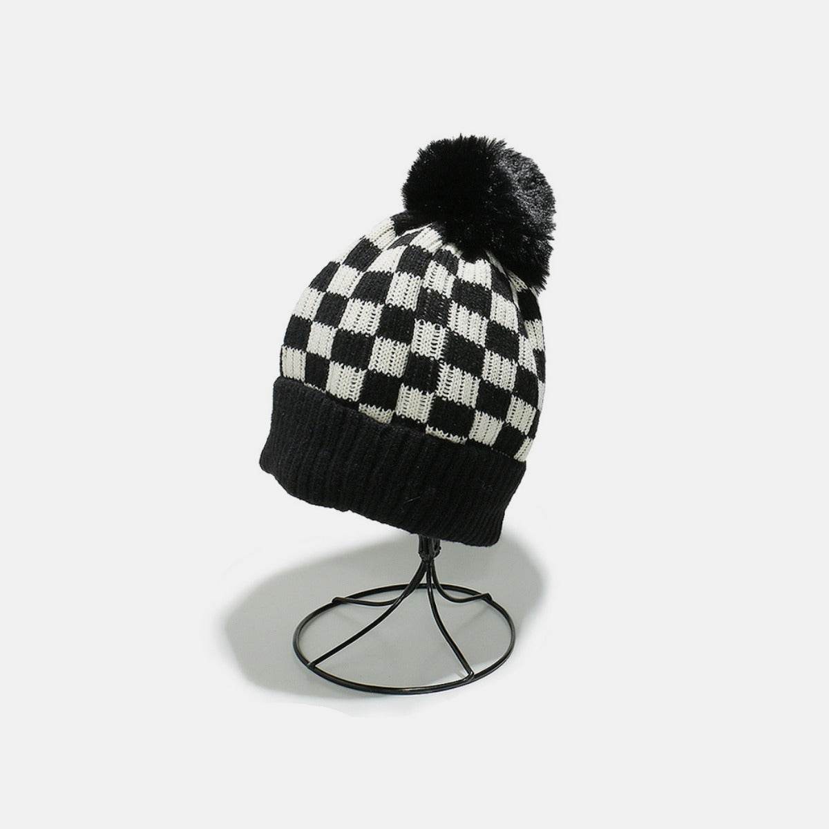 Checkered Knit Hat with Pompom - Delanoir