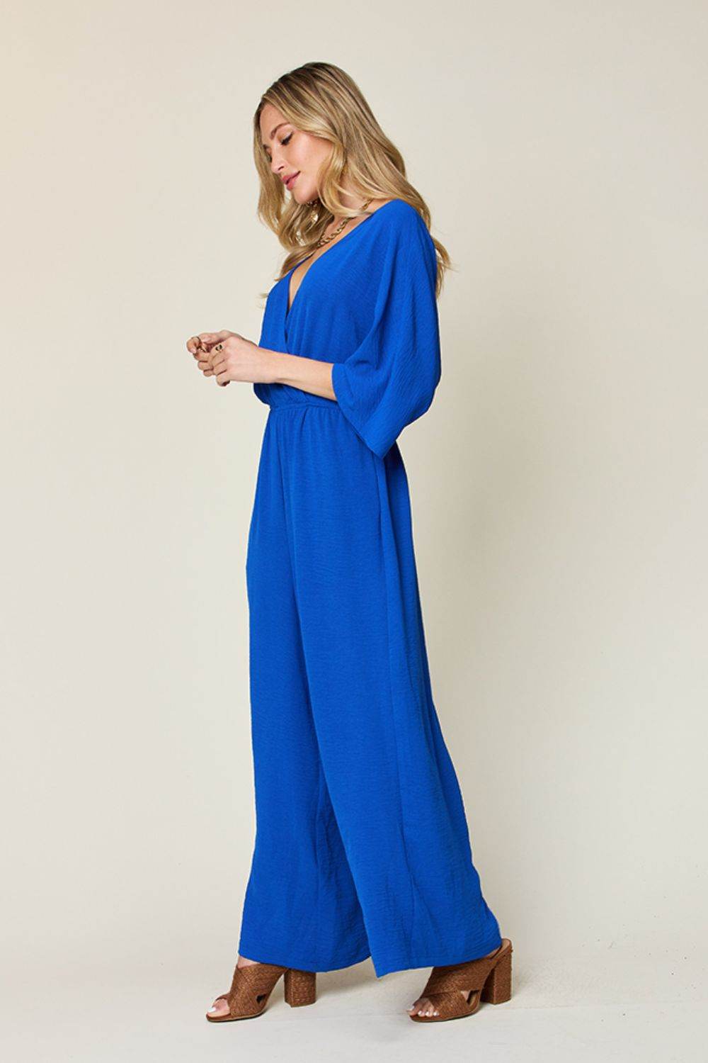 Double Take Full Size Surplice Wide Leg Jumpsuit with Pockets - Delanoir