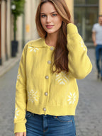 Pearl Trim Collared Neck Long Sleeve Cardigan - Delanoir