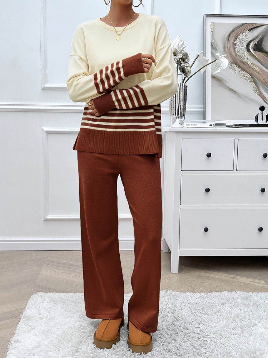 Devine Slit Striped Round Neck Top and Pants Sweater Set - Delanoir