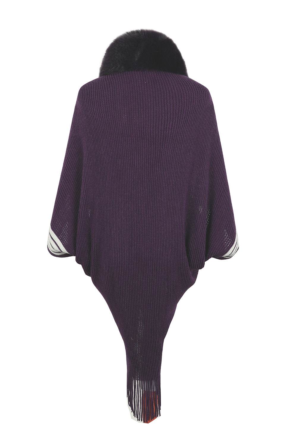 Striped Fringe Detail Long Sleeve Poncho - Delanoir