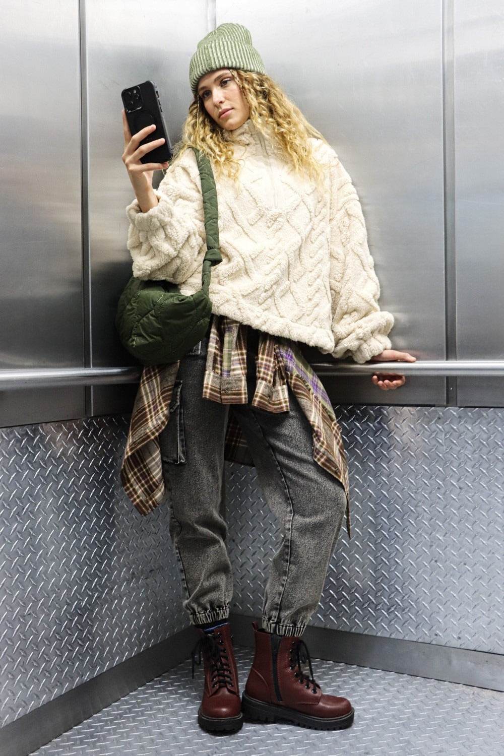 VERY J Fuzzy Fleece Half Zip Cable Pattern Sweatshirt - Delanoir
