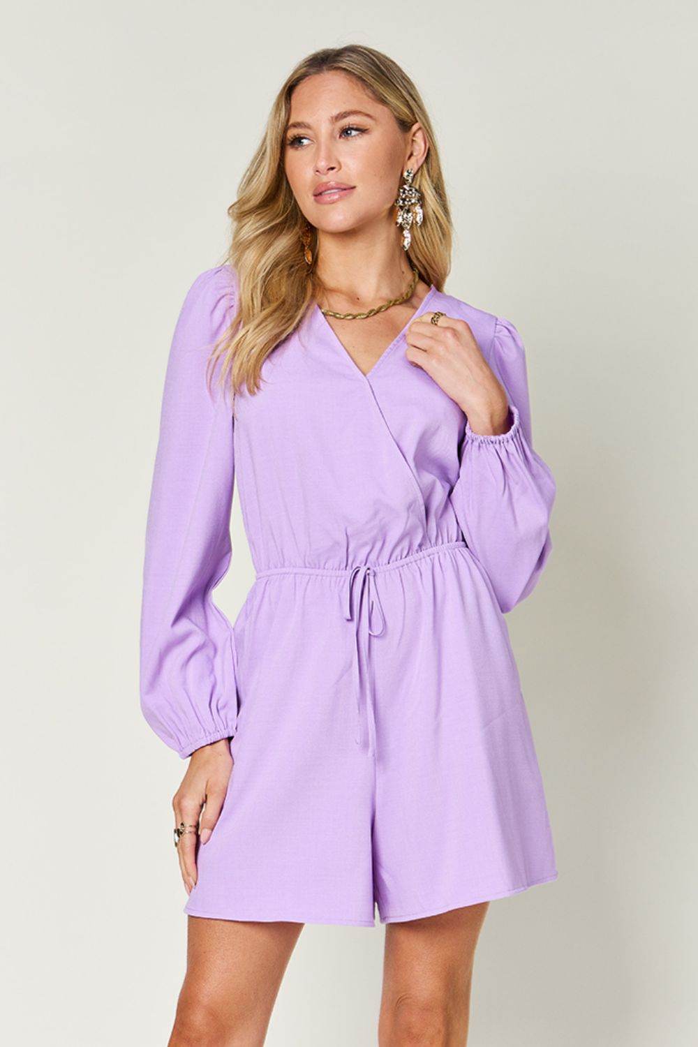 Double Take Full Size Drawstring Long Sleeve Romper - Delanoir