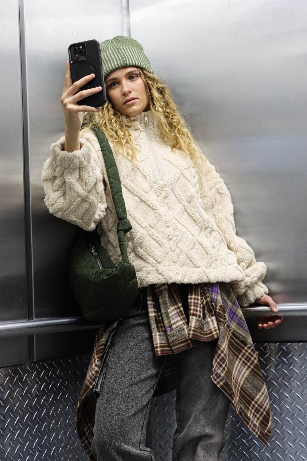 VERY J Fuzzy Fleece Half Zip Cable Pattern Sweatshirt - Delanoir