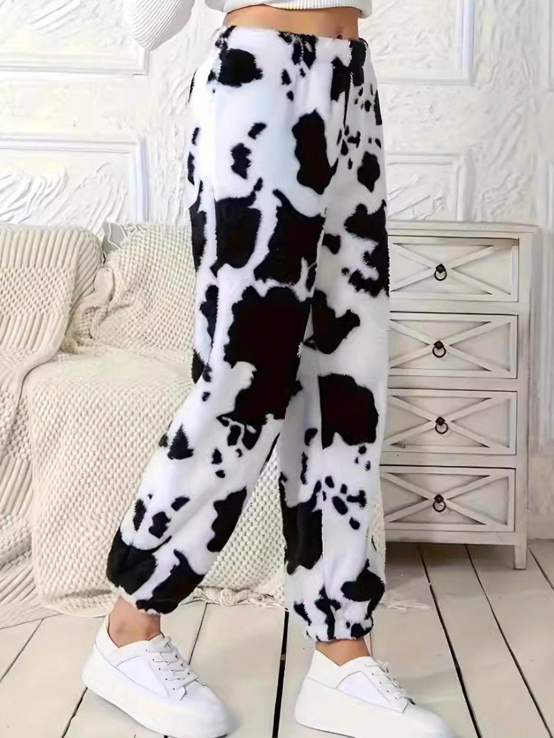 Fuzzy Cow Print Elastic Waist Pants - Delanoir