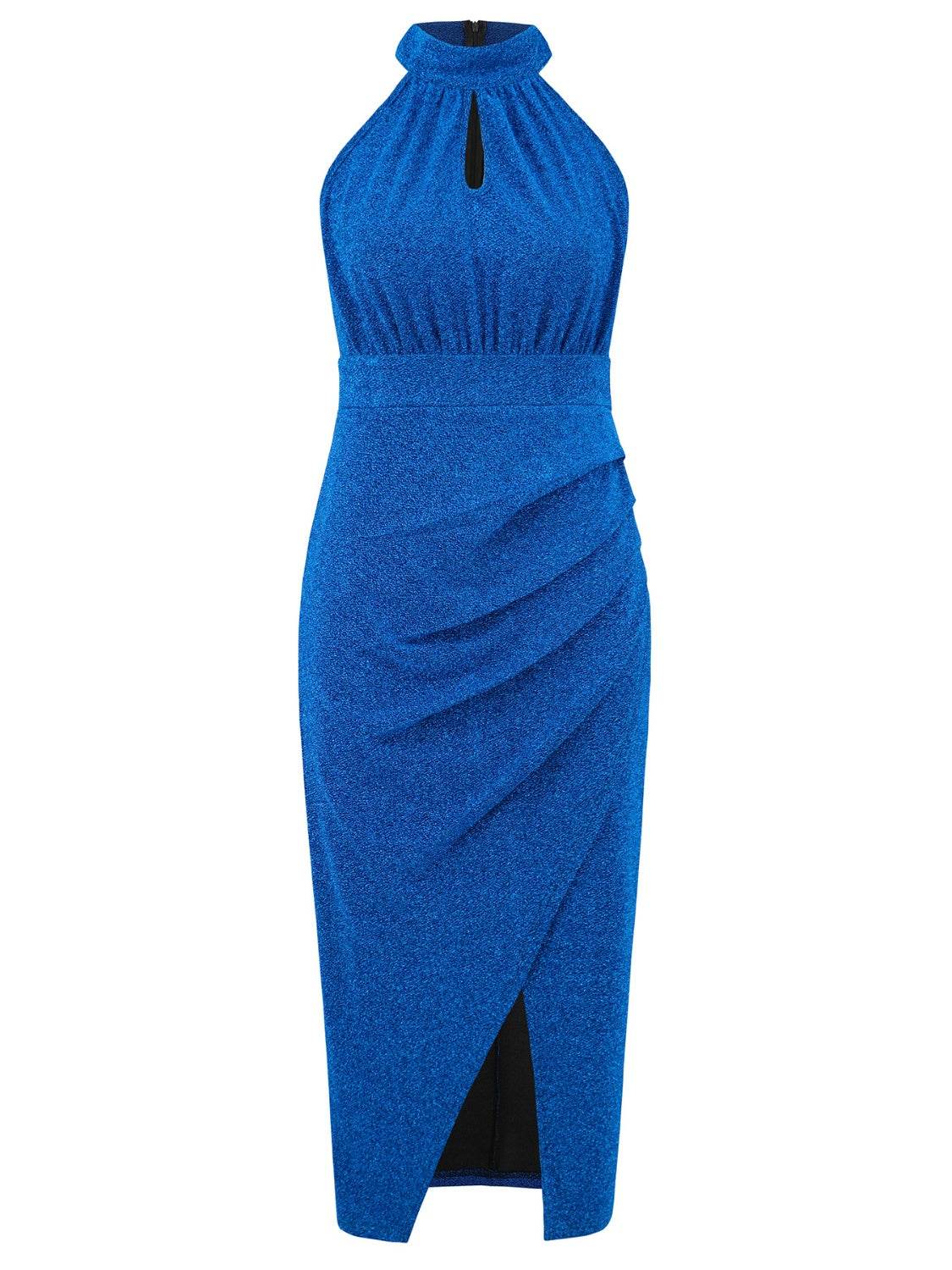 Slit Ruched Mock Neck Sleeveless Dress - Delanoir
