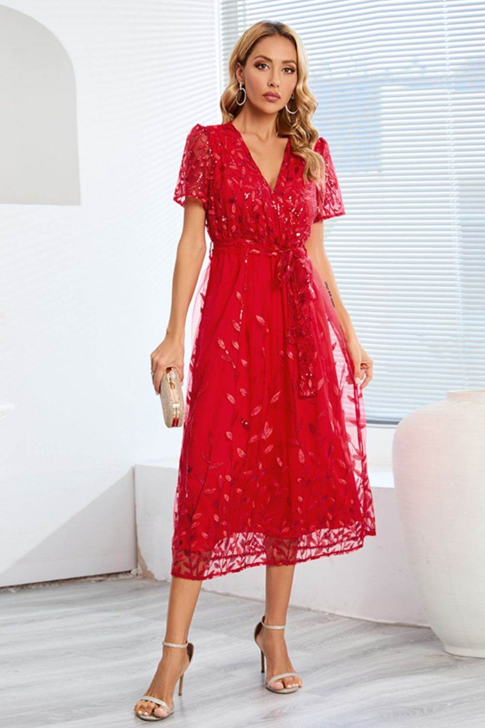 Sequin Leaf Embroidery Tie Front Short Sleeve Dress - Delanoir