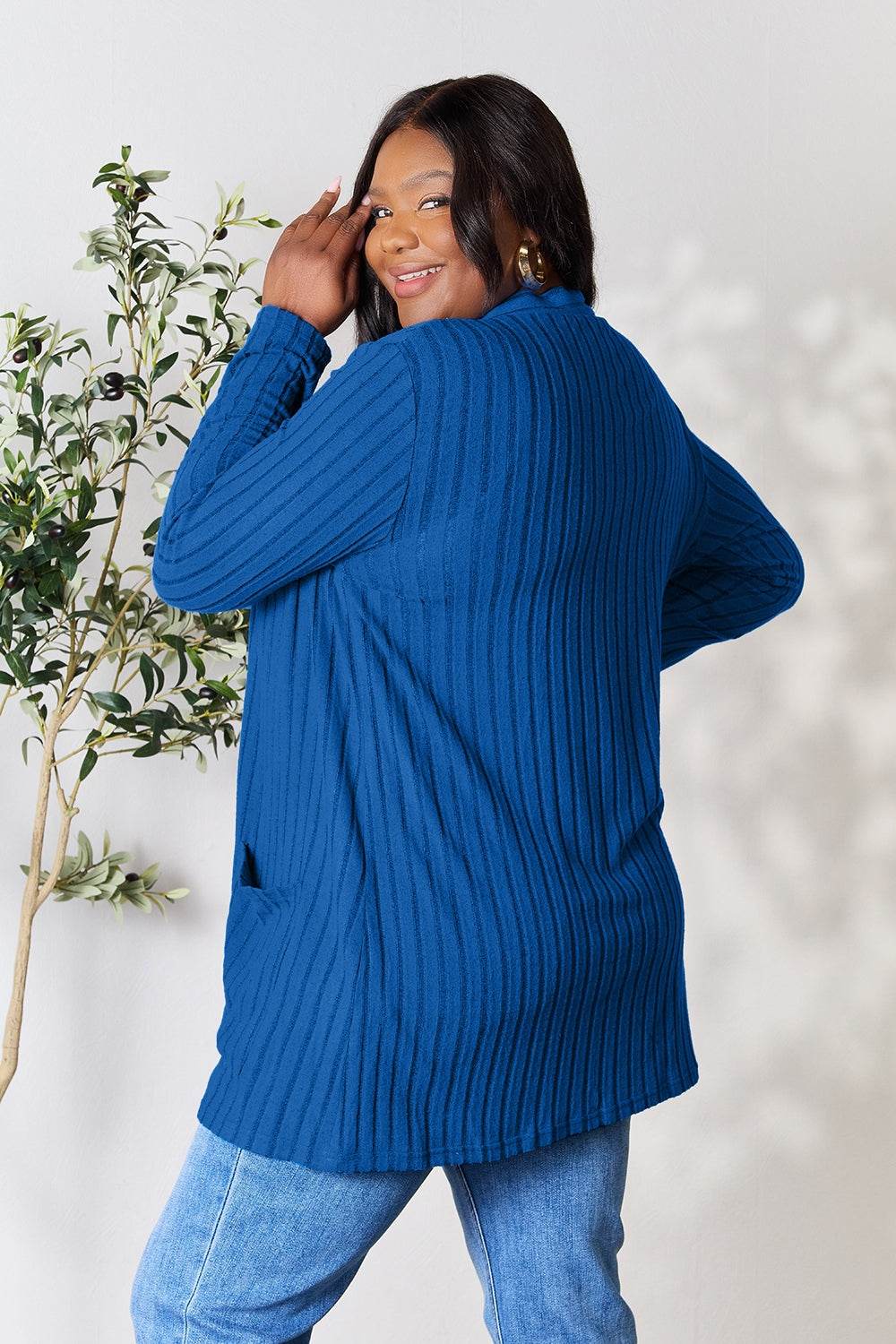 Basic Bae Full Size Ribbed Open Front Cardigan with Pockets - Delanoir