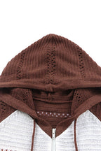 Zip-Up Raglan Sleeve Openwork Hooded Cardigan - Delanoir