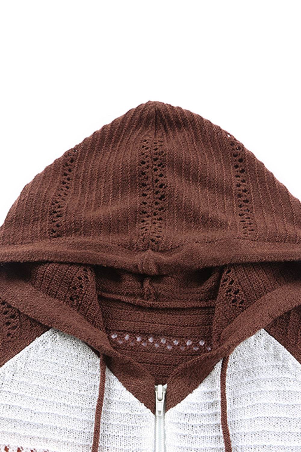 Zip-Up Raglan Sleeve Openwork Hooded Cardigan - Delanoir