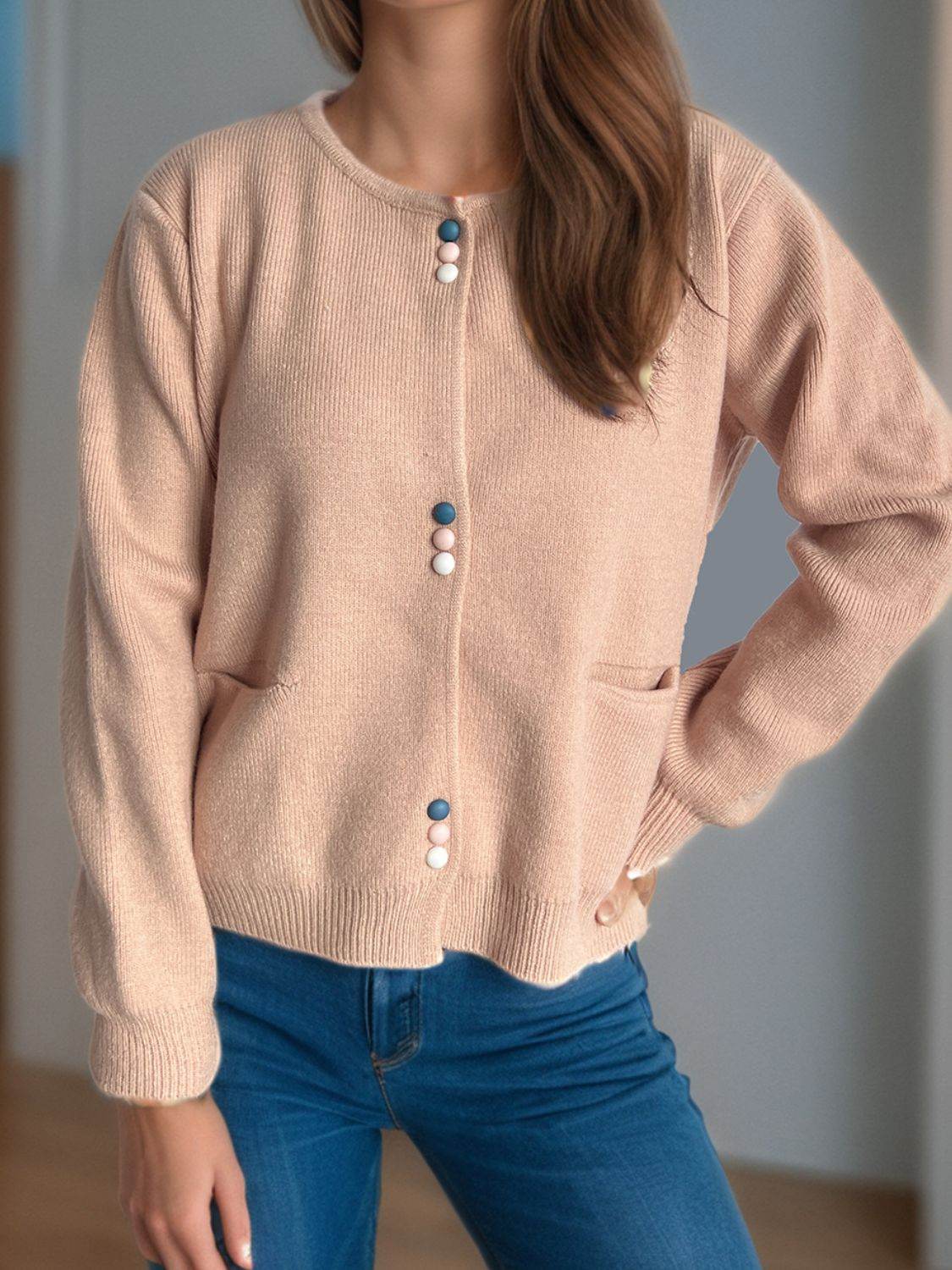 Button Down Long Sleeve Cardigan with Pockets - Delanoir