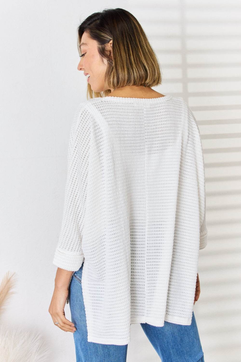 Zenana Full Size Waffle Knit V-Neck Long Sleeve Slit Top - Delanoir