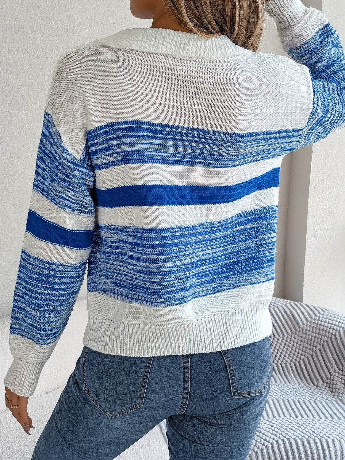 Striped Collared Neck Long Sleeve Sweater - Delanoir