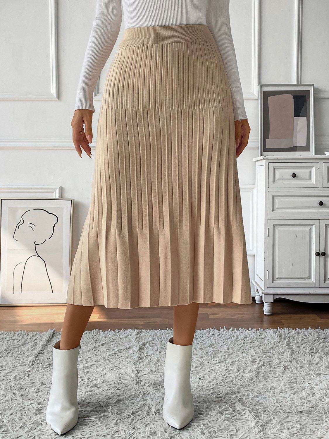 Perfee Pleated Midi Sweater Skirt - Delanoir