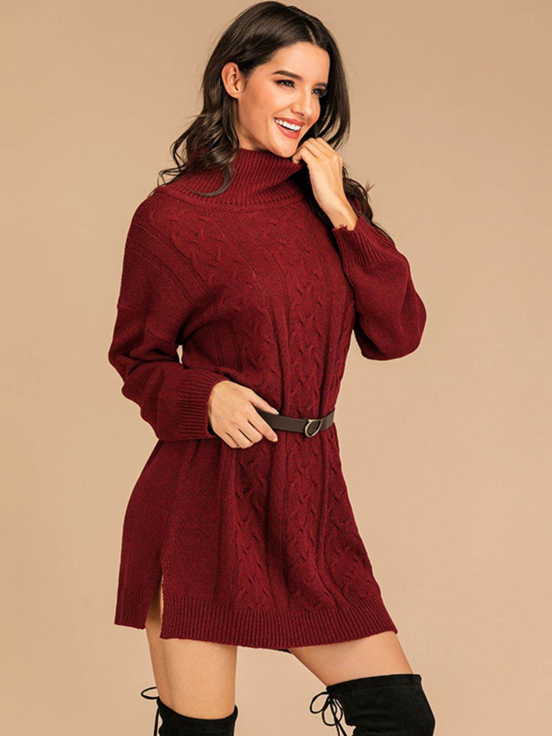 Perfee Slit Turtleneck Long Sleeve Mini Sweater Dress - Delanoir