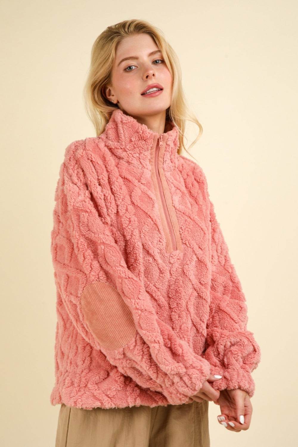 VERY J Fuzzy Fleece Half Zip Cable Pattern Sweatshirt - Delanoir