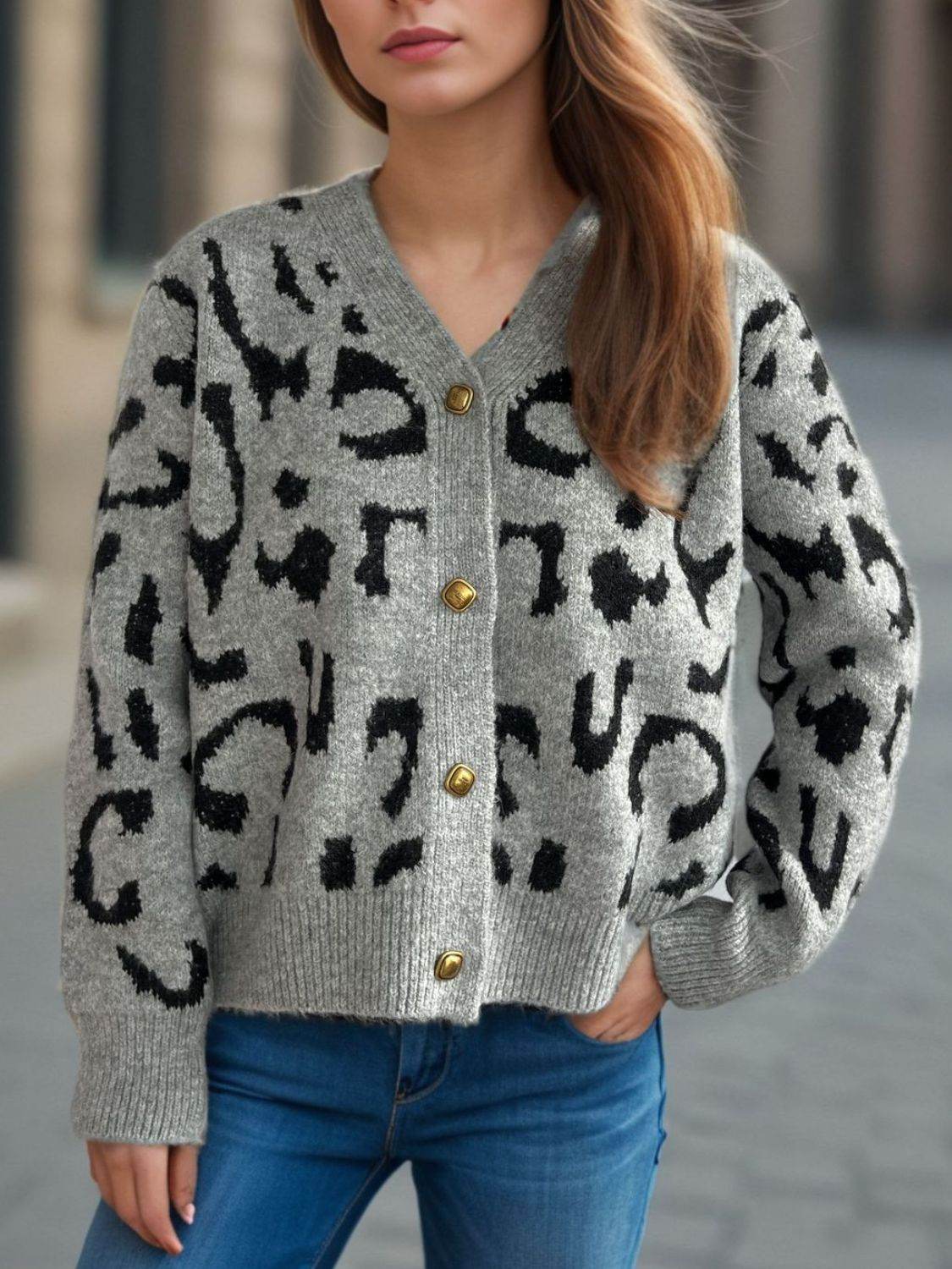 Leopard V-Neck Button Up Cardigan - Delanoir
