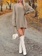 V-Neck Dropped Shoulder Sweater Dress - Delanoir