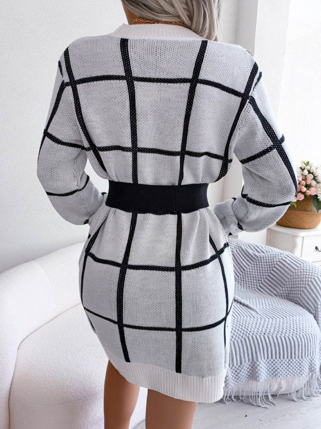Plaid Round Neck Dropped Shoulder Sweater Dress - Delanoir