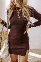 Slit Mock Neck Long Sleeve Wrap Sweater Dress - Delanoir