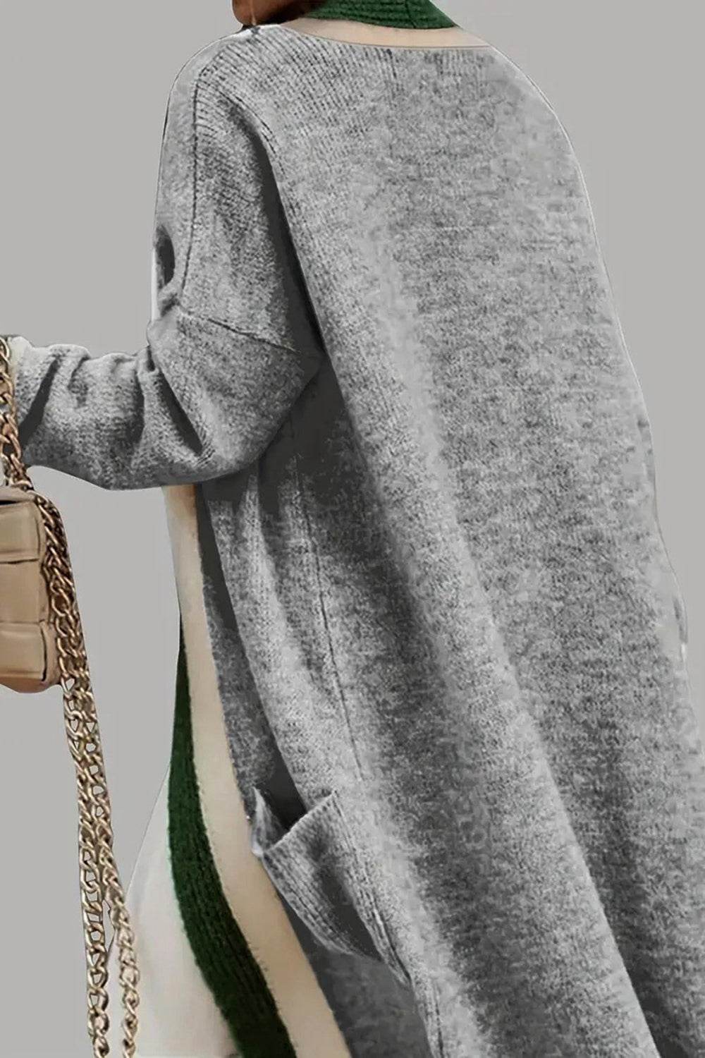 Pocketed Contrast Long Sleeve Hooded Cardigan - Delanoir