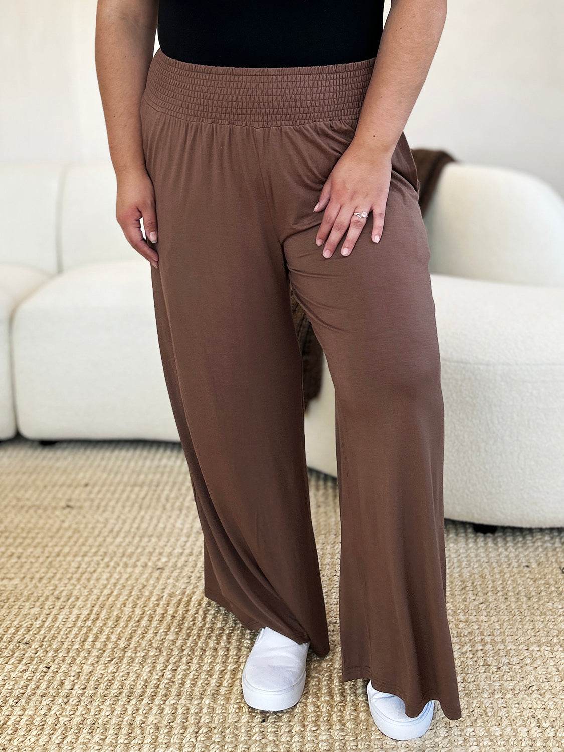 Double Take Full Size Smocked Wide Waistband Wide Leg Pants - Delanoir