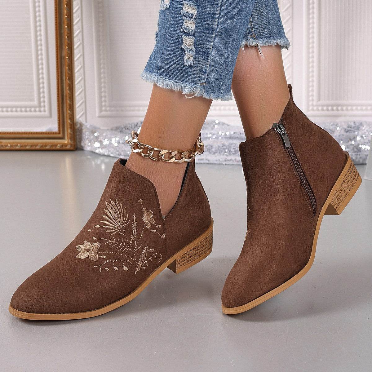 Embroidered Suede Point Toe Block Heel Boots - Delanoir