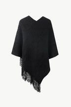 Pearl Trim V-Neck Fringe Hem Poncho - Delanoir