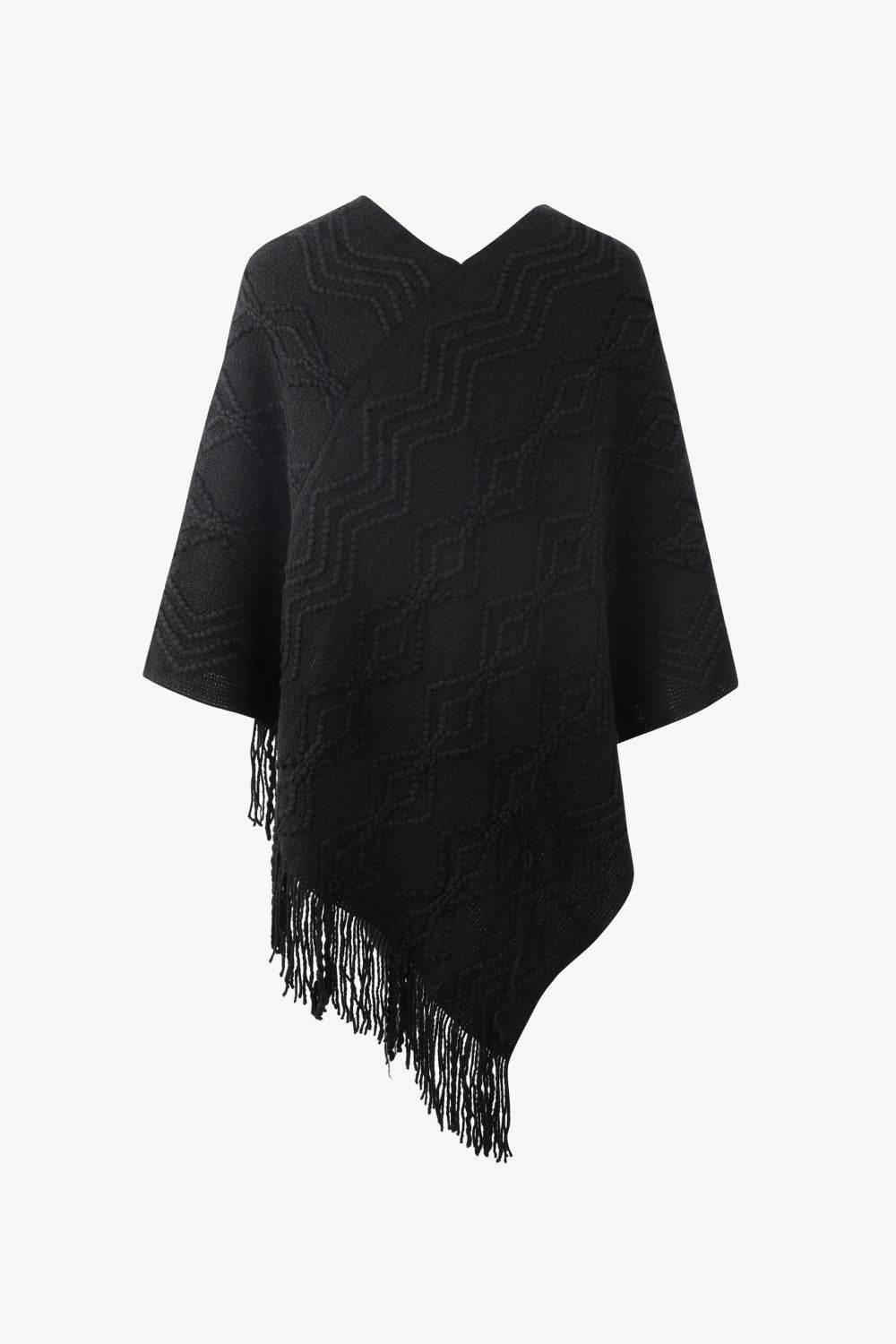 Pearl Trim V-Neck Fringe Hem Poncho - Delanoir