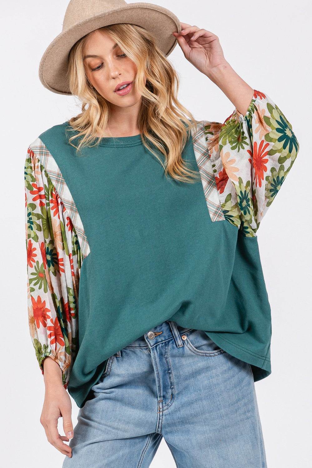 SAGE + FIG Full Size Printed Balloon Sleeve Contrast Top - Delanoir